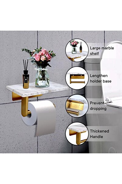 Generic Nodafuer Toilet Paper Holder with Natural Marble Shelf (Brushed Gold, 7.87 x 4.72 in)