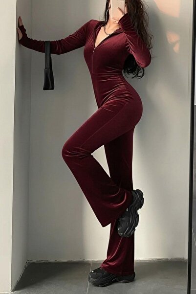 Mossta Hooded Zippered Long Sleeve Velvet Jumpsuit - Burgundy