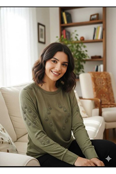 Aylin Güncüoğlu Long Sleeve Zero-Collar Sweatshirt with Ribbed Sleeves and Bottom, Sports Combed Cotton