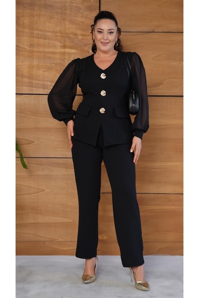 Butik Nilyam Women's Plus Size V-Neck Chiffon Sleeve Clover Brooch Detail Blouse Pants Evening Dress Suit 25064