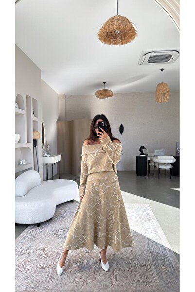 Buket Teke Camel Self-Patterned Knitwear Fabric Skirt Madonna Blouse Set