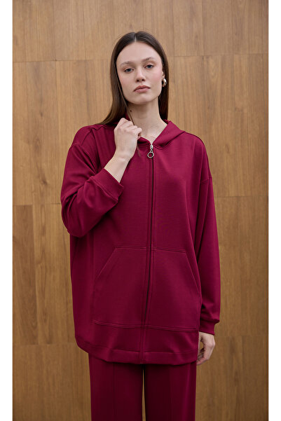Birgül Bektaş Bordo Cozy Hooded Detailed Cardigan