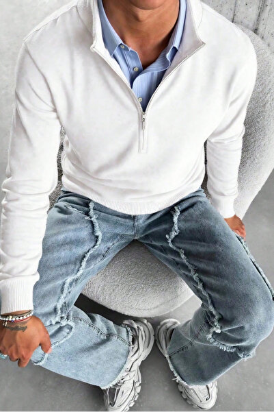 Tarz Cool Men's White Regular Fit Half Zip Collar Knit Sweater