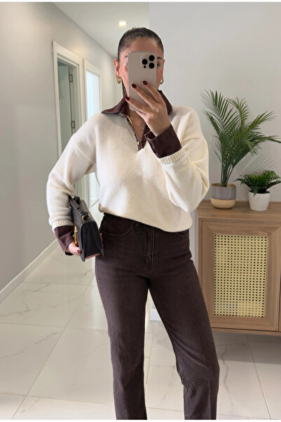 My Blog Ecru-Brown Collar Denim Detailed Sweater - 251099