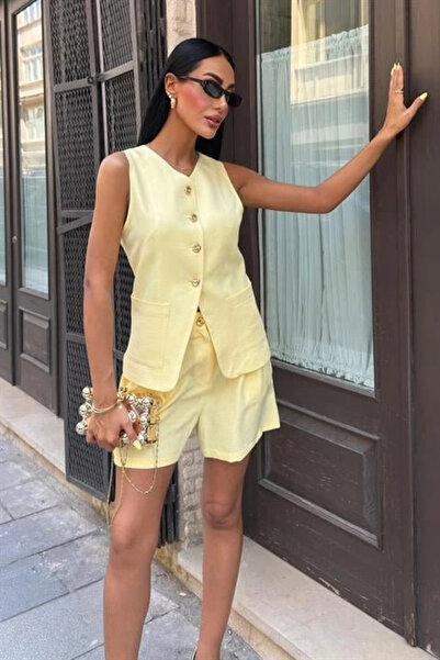 GENCULUS Gold Button Detailed Vest Shorts Cotton Suit 10208