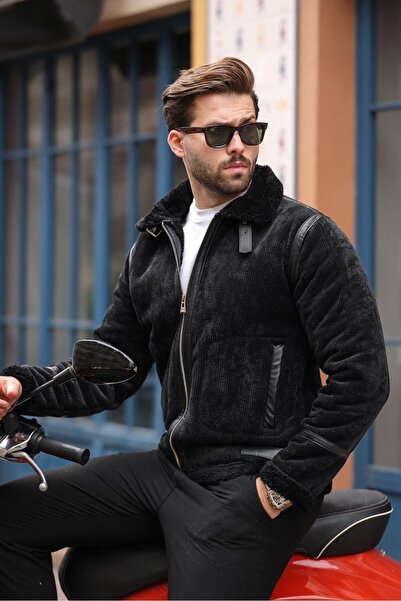 BASEL.CO Leather Detailed Velvet Coat with Fur Inside