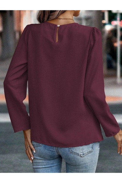 GENCULUS Women's Long Sleeve Round Front Pleated Imported Crepe Blouse