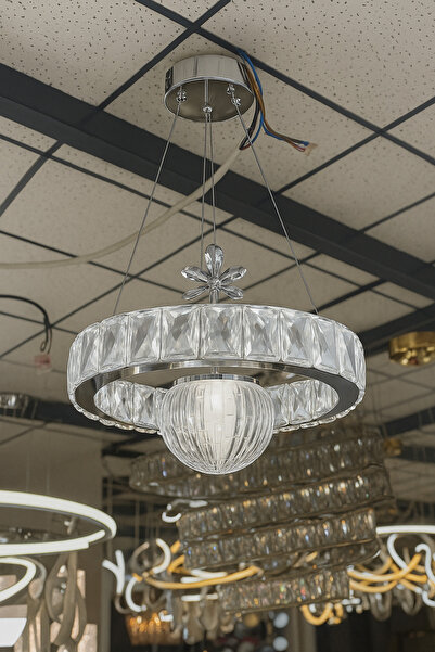 RSCOLLECTIONS Tek Top Taşlı Led Avize Krom