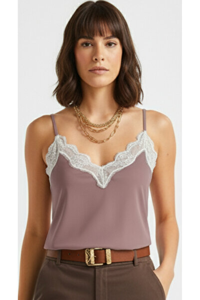 peralist Women's Purple Lace Detailed Sandy Blouse with Adjustable Ring Straps