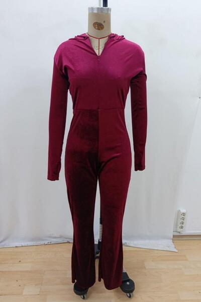 Mossta Hooded Zippered Long Sleeve Velvet Jumpsuit - Burgundy