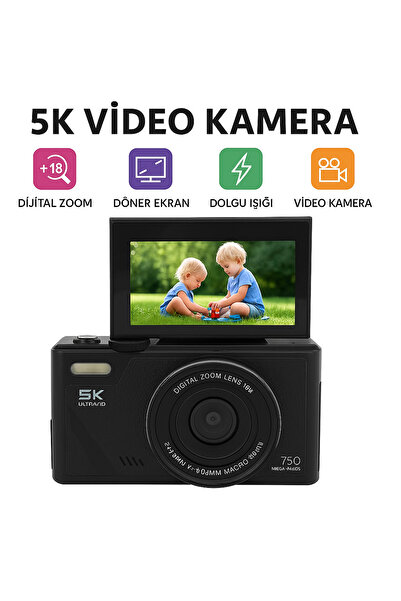 qasul 5K 75MP Dijital Kamera 18X Zoom, Flaşlı, 3” Flip Ekranlı Vlog ve Fotoğraf Makinesi 64GB Kart Hediye