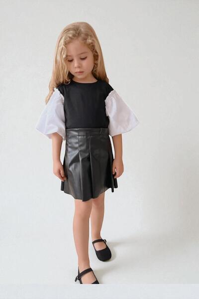 morbella Girl's Leather-Look Skirt and Stylish Top Combination Style Modern C...