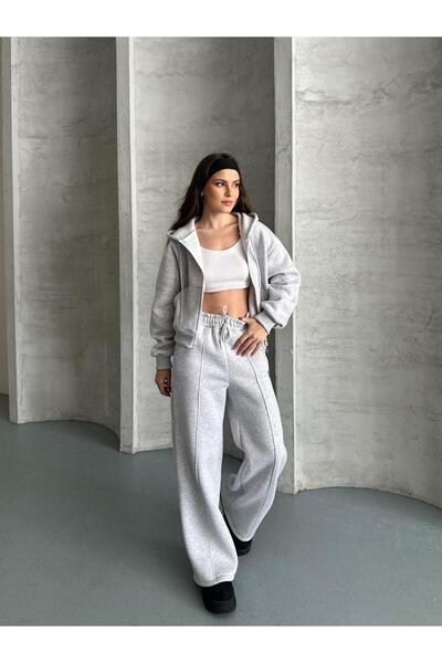 DUAS & CO Hooded Zippered Wide-Leg Cotton Tracksuit with Fleece Lining and Do...