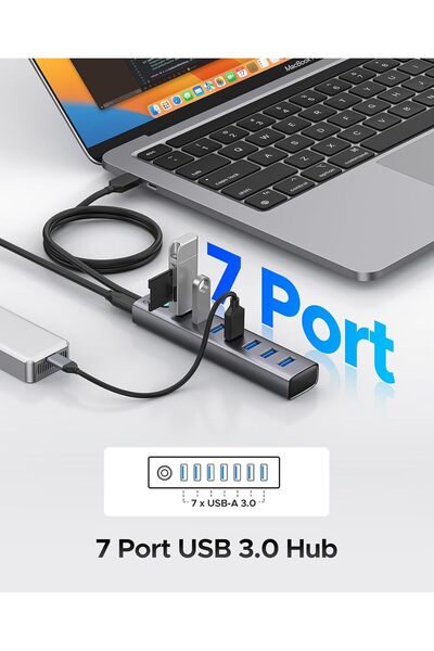 Orico 7-Port USB 3.0 Hub Aluminium Multiport Adapter with 100 cm Cable & Type-C Power