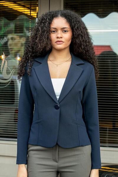 Jument Collared Flato Pocketed Long Sleeve Cotton Fabric Lightweight Stretch Fabric Short Blazer Office Jacket-Dark Navy