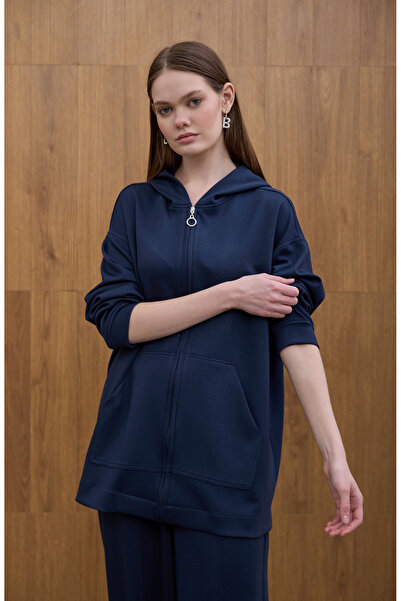 Birgül Bektaş Navy Blue Cozy Hooded Detailed Cardigan