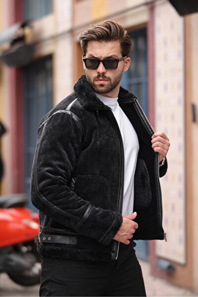 BASEL.CO Leather Detailed Velvet Coat with Fur Inside