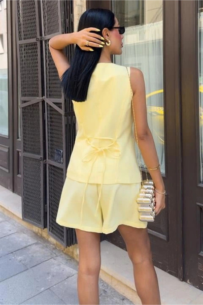 GENCULUS Gold Button Detailed Vest Shorts Cotton Suit 10208