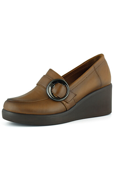 Erkan Saçmacı Madeline Tan Genuine Cowhide Leather Buckle Round Toe Wedge Heel Casual Shoes