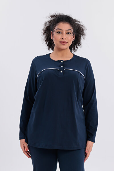 Mio Vero Women's Piped Long Sleeve Cotton Plus Size (Oversize) Pajama Set