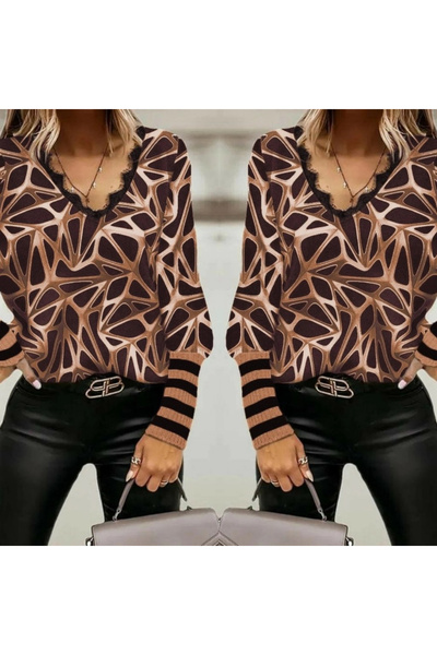 GENCULUS Women's Long Sleeve V Neck Sides Guipure Detail Hooded Diving Blouse