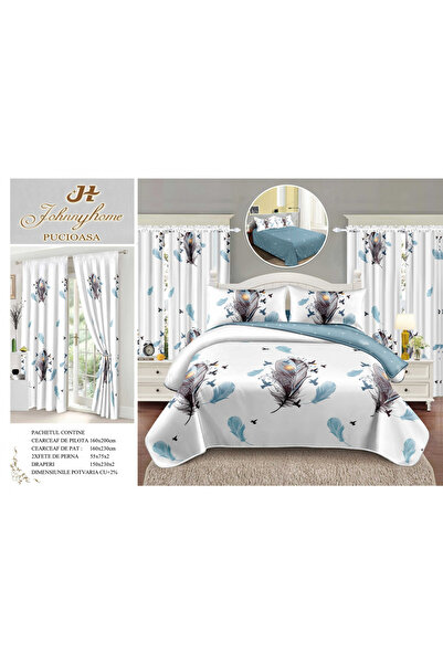 FIONNA.RO Set Lenjerie Si Draperii Bumbac Tip Finet 1 Persoana - Turcoaz Cu Pene