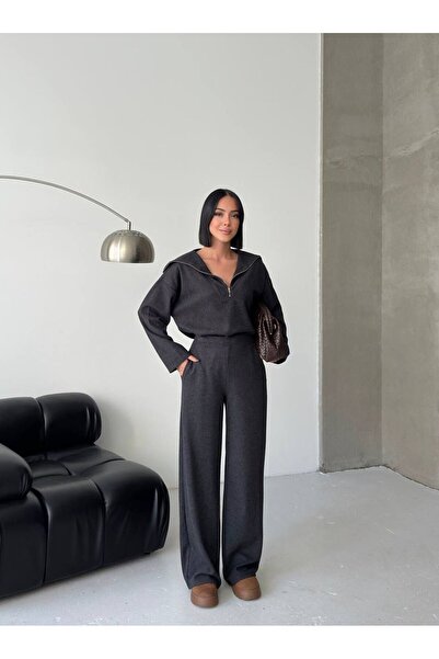 TRENDLİA طقم نسائي مكون من قطعتين من قماش سالونيك ذو ياقة مرتفعة متوسطة الطول...