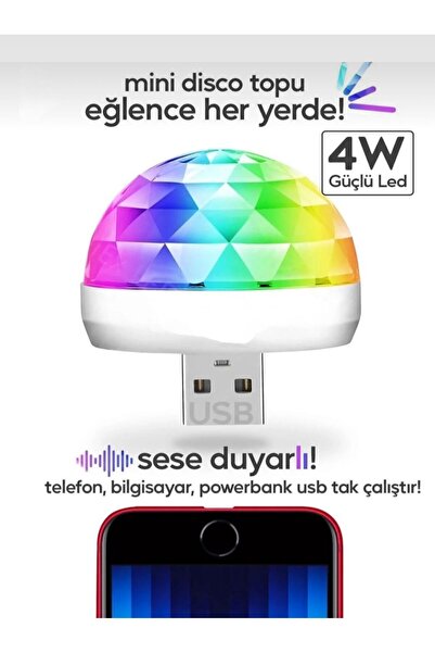 SİSA SENİSTESENAL Araç içi Oto Araba Disko Topu Sese Duyarlı Led Usb Led Lamba