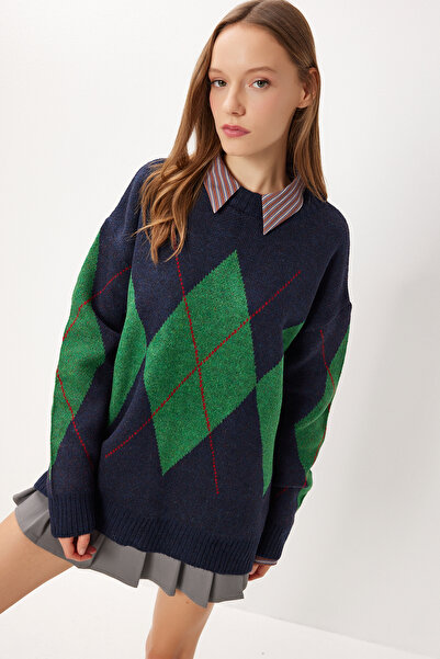 Lovelyİstanbul Baklava Patterned Oversized Knitwear Sweater Lfn0130 Dark Blue Green