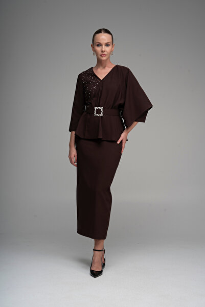 Lila Rose V Yaka Taş Baskılı Şık Kokteyl Elbise