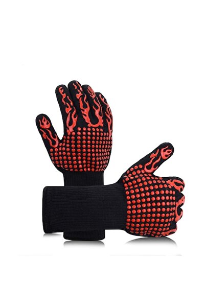 FONIX Set of 2 BBQ Gloves HeatGuard Flame Pro, Heat-Resistant, Non-Slip Silicone, Long Cuff, Black