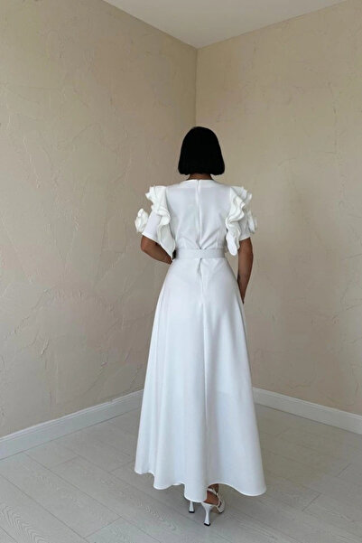 GENCULUS White Sleeves Flounce Belt Dress