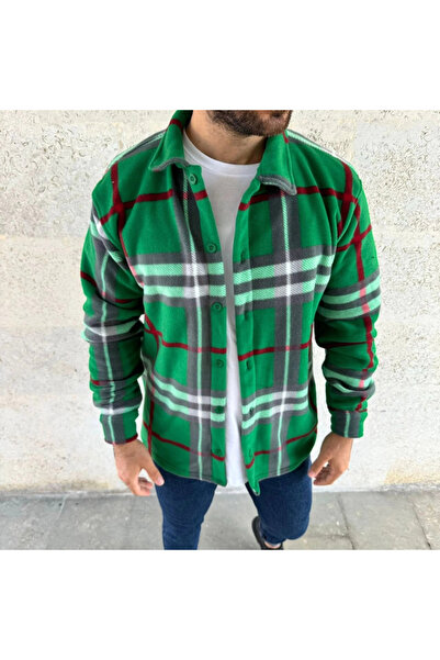 GENCULUS Men's Plaid Pattern Buttoned Fleece Collar Long Sleeve Shirt Oversized Comfortable Fit Green