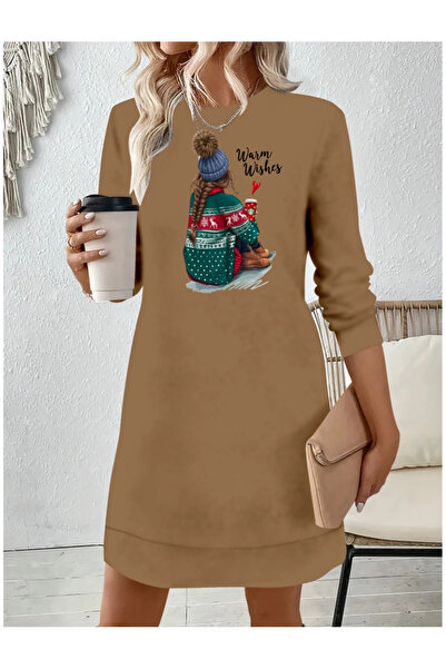 Generic Brand Women's Long Sleeve Crew Neck Print Viscose Two Thread Dress