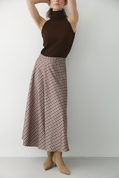 Laluvia Brown Plaid Skirt