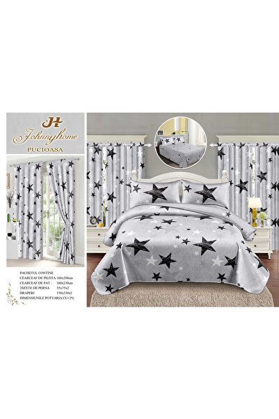 FIONNA.RO Fine Cotton Bedding and Curtain Set 1 Person - Star Grey