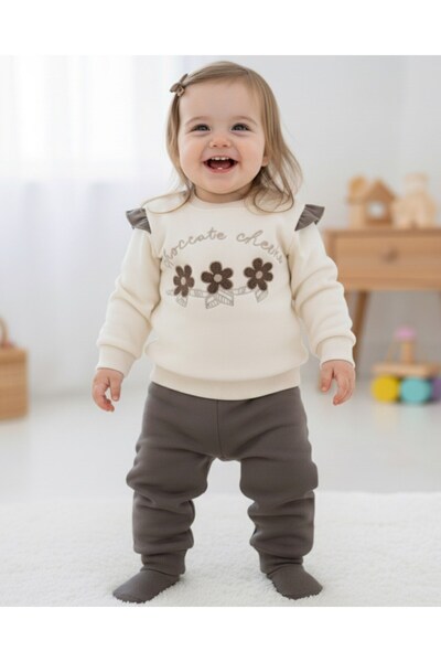 VOY KİDS Baby Girl Daisy Embroidered, Ruffled, 3 Thread Fleece-Lined Winter 6-9-12-18-24 Months Stylish Tracksuit Set