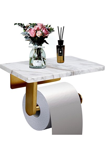 Generic Nodafuer Toilet Paper Holder with Natural Marble Shelf (Brushed Gold, 7.87 x 4.72 in)