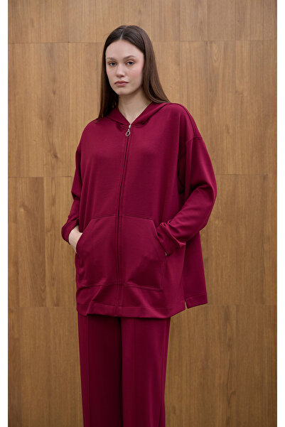 Birgül Bektaş Bordo Cozy Hooded Detailed Cardigan