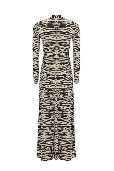 Exquise Long Sleeve Double-Breasted Collar Zebra Pattern Knitted Regular Dress