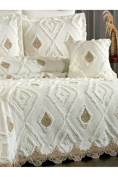 baladı home ev tekstil home collection Double Pompom Bedspread with Lace (Set of 4 Pieces) Bedspread and 2 Pillowcases Pique