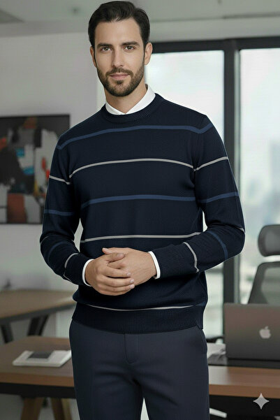 Millionaire Men's Stripe Detailed Navy Blue Crew Neck Standard Regular Fit Knitwear Sweater