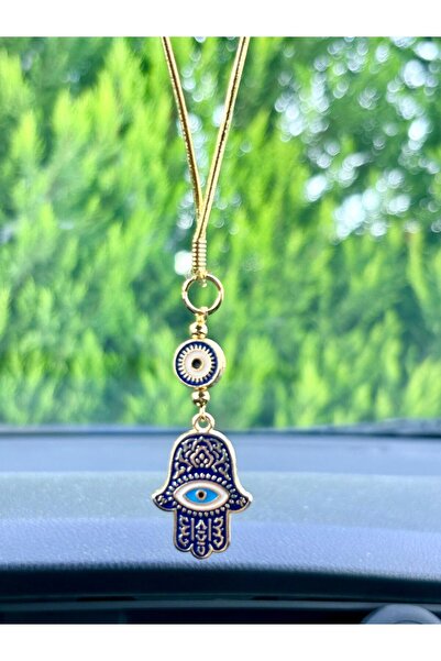 Azrua Gilded Navy Blue Hand of Fatima Metal Car Mirror Ornament Car Charm Bag Accessory