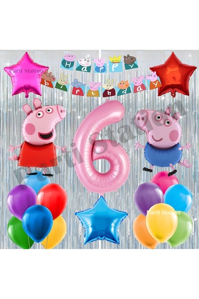 Parti Station Peppa Pig Concept 6-Year-Old Birthday Balloon Set Pink Pig Peppa Pig and George Theme Silver Birthday