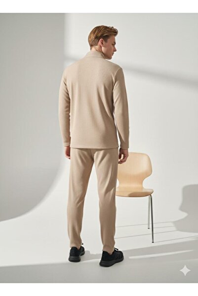 ribana Unisex Corded Fabric Shirt Collar Zippered Pocket Elastic Waist Knitwear Bottom Top Set