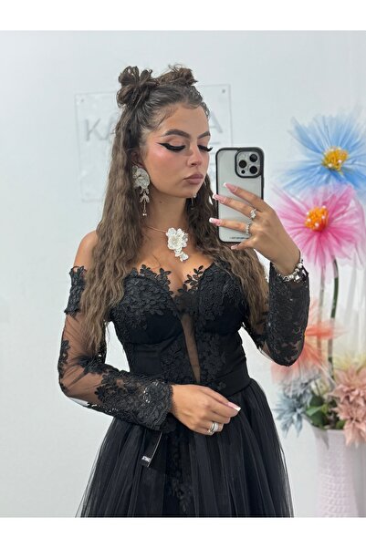 KATYDEA STORE Vivian black tulle and lace long evening dress