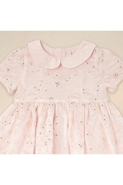 giggles Sequinned Dress with Bow Applique and Short Sleeves