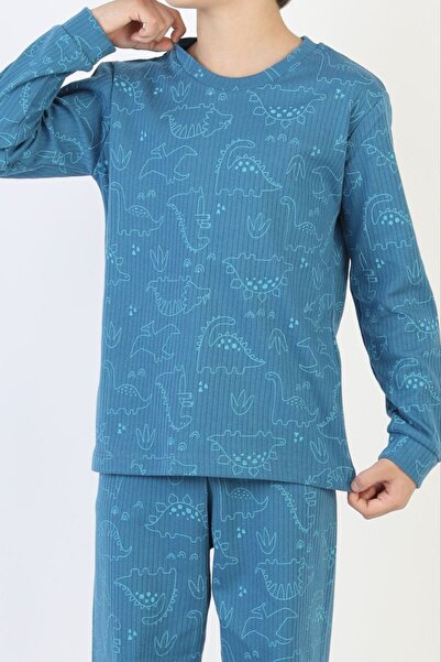 İsobel Kids Boy's Corded Fabric Interlock Fabric Long Sleeve Animal Pattern Pajama Set