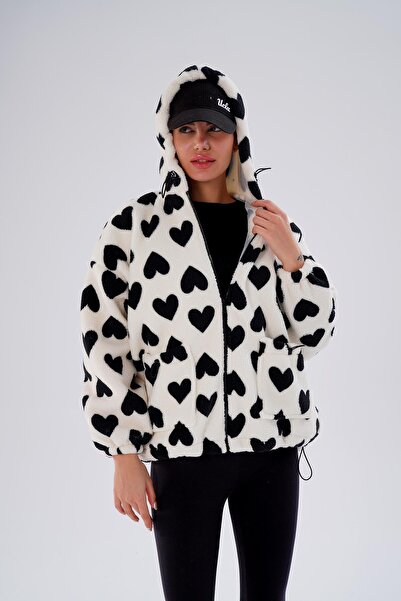 ŞİMAL Women's Heart Patterned Plush Coat 255401 -