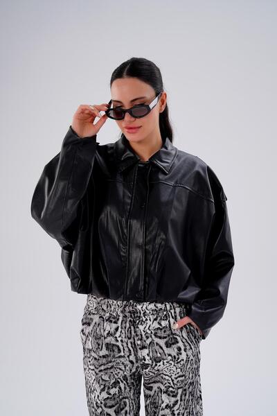 ŞİMAL Women's Epaulet Batwing Sleeve Leather Jacket 255442 -